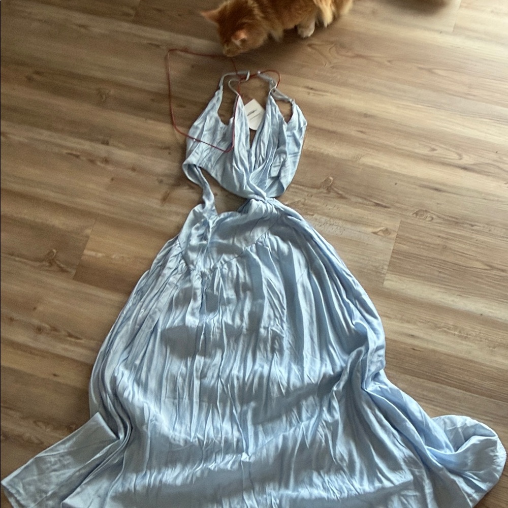 Satin Light Blue Halter Maxi Dress with Draped Bodice